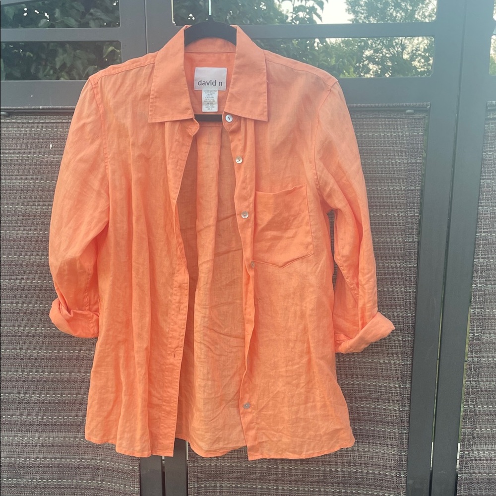 David N 100% Linen Button Down Shirt Coral Orange Long Sleeve Women’s Small